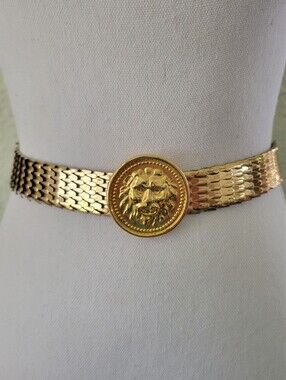 Vintage Anne Klein Gold Toned Lion Head Buckle Stretch Belt 1990 Metal Scales